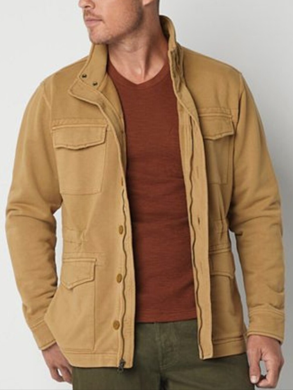 Mutual Weave French Terry Shacket Cotton Knit Jacket Shirt Utility Tan Mens Sz L